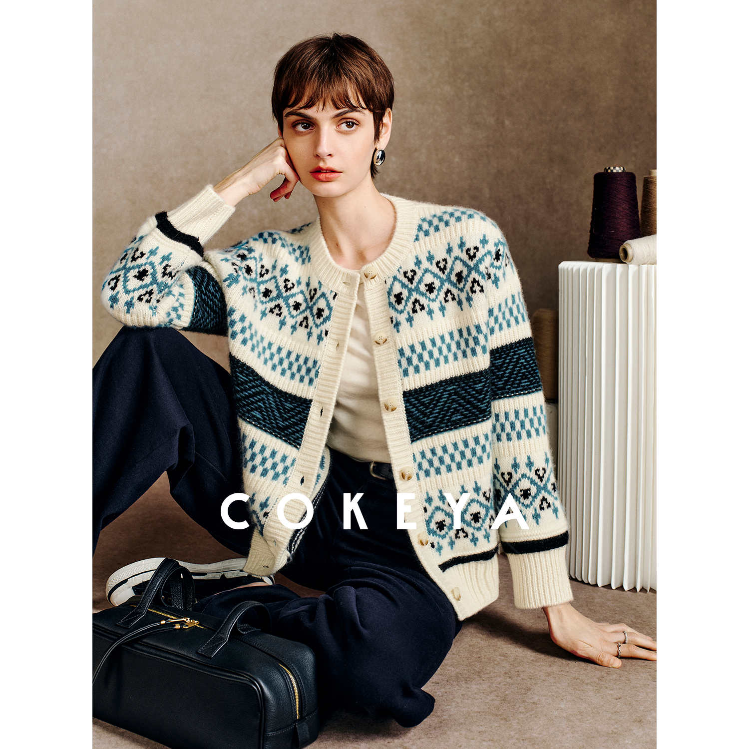 COKEYA/北欧童话~氛围感北欧费尔岛风几何提花落肩山羊绒针织开衫