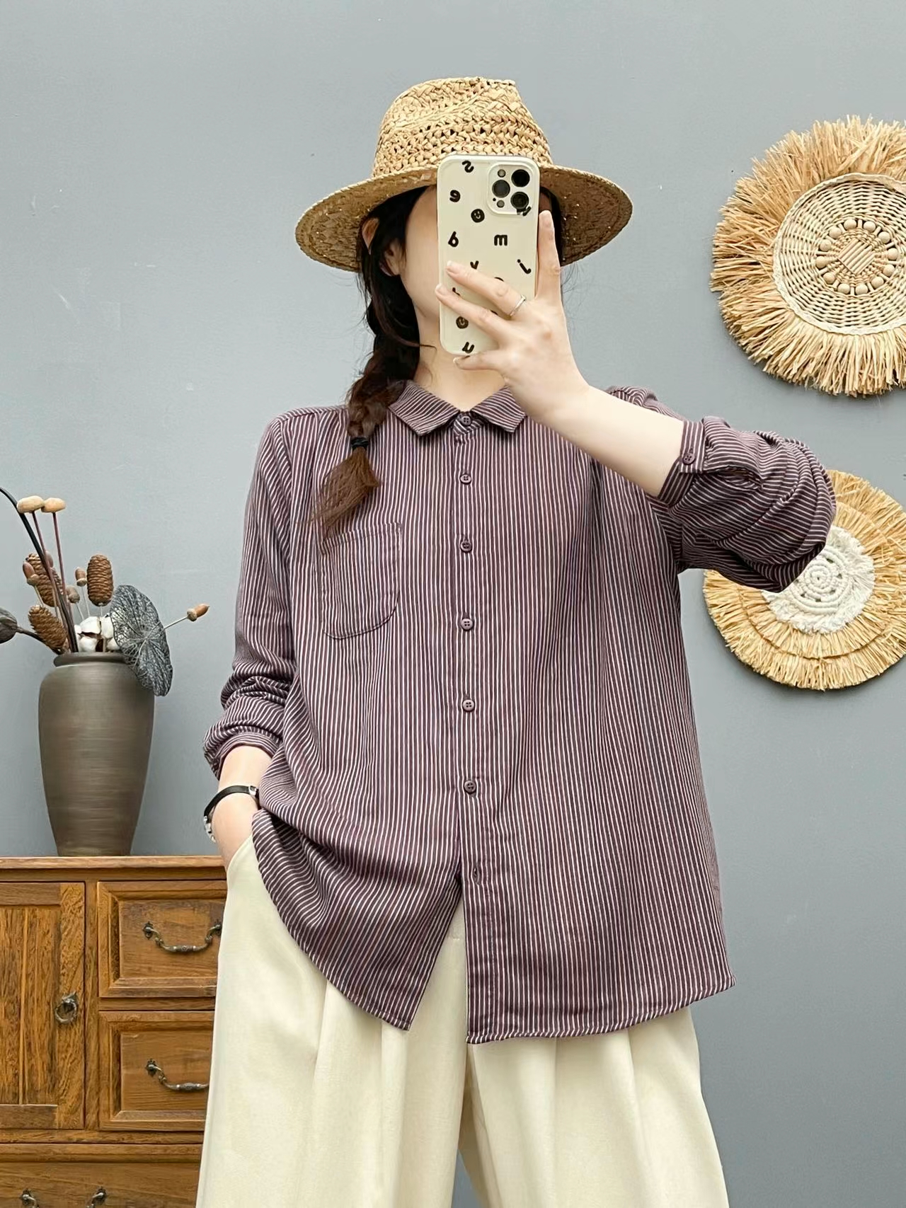 竖条纹纯棉翻领2025年秋季新款长袖衬衫女百搭文艺风慵懒感上衣