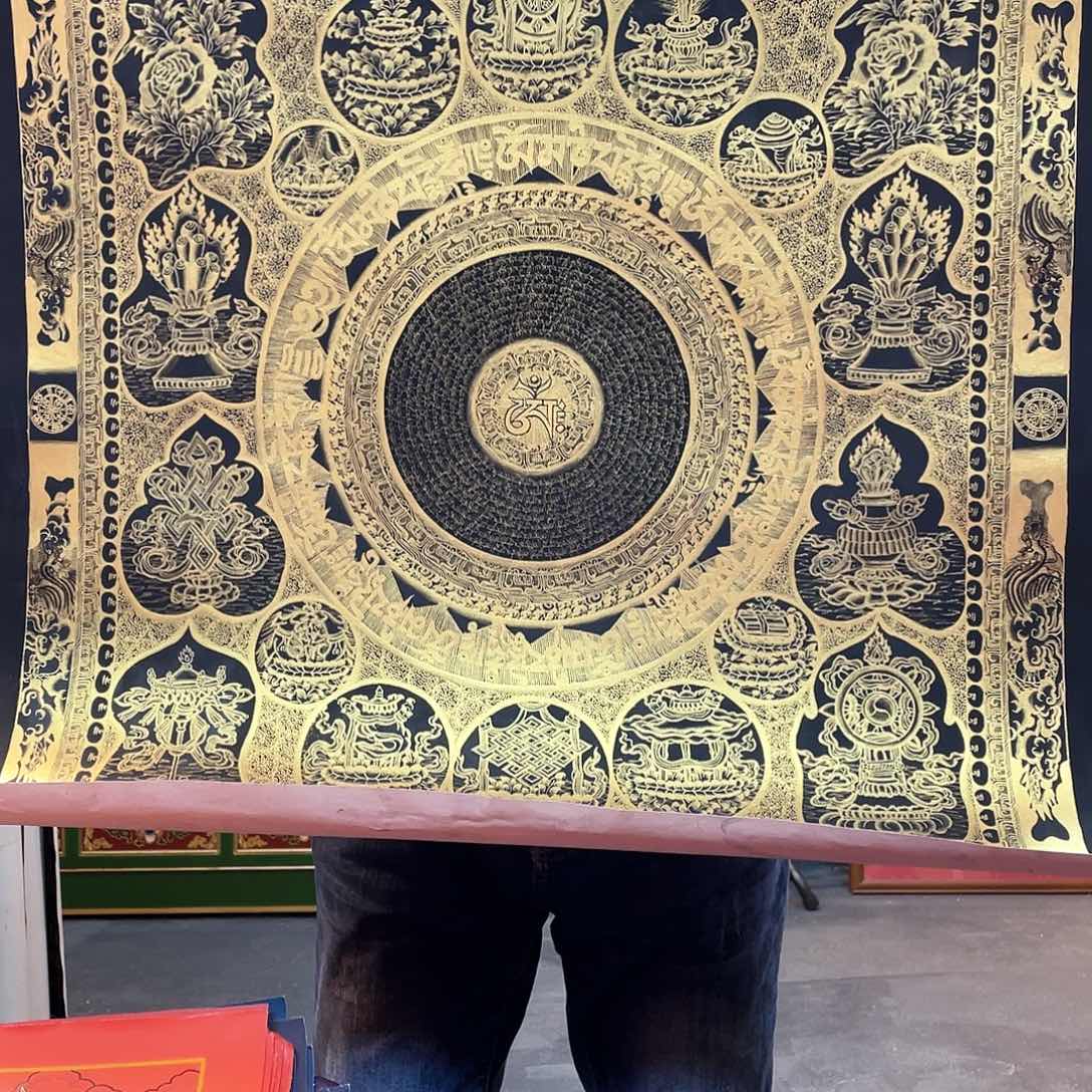 装裱画70×70纯手绘拉嘎王黑金六字坛城