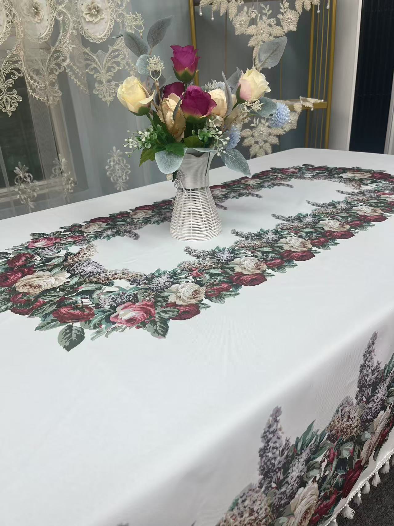 （全包邮）（140*250）桌布法式玫瑰花薰衣草民族风复古欧式茶几布