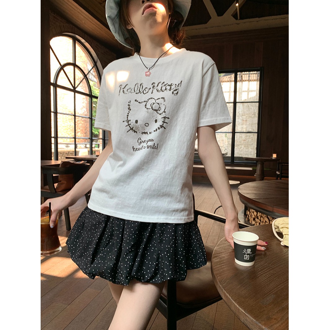 韩系复古宽松百搭圆领kitty猫印花短袖t恤女上衣2025新款