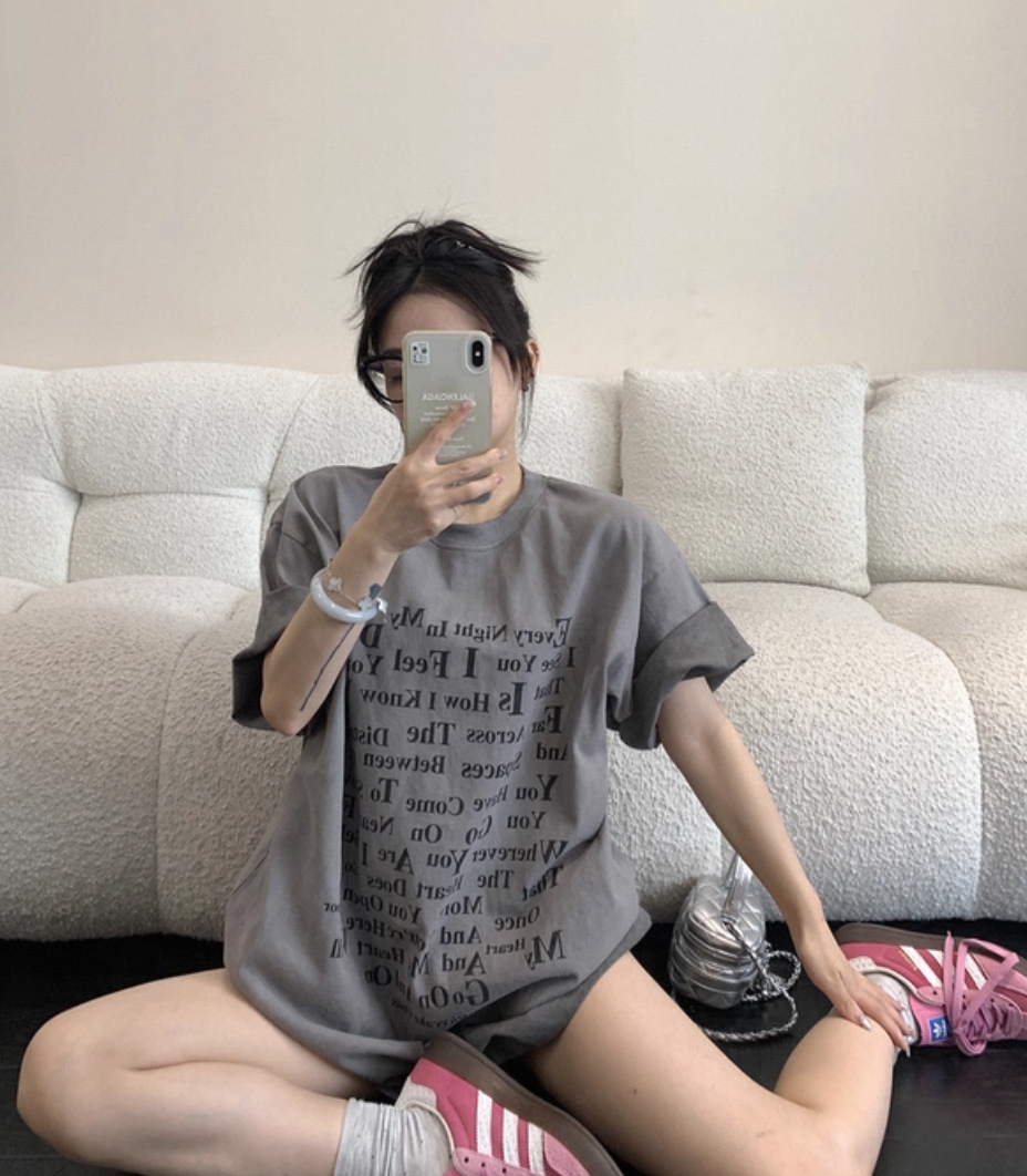 萝茜妮嫚早秋新款时尚抗起球波点扎染嘻哈风ins百搭灰色短袖T恤