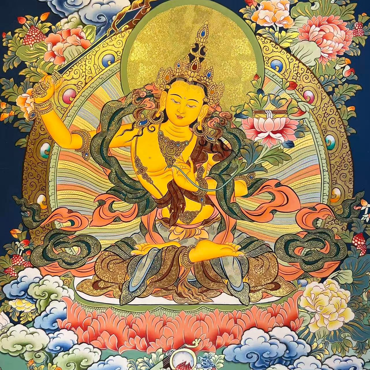 纯手绘诺顿绘制精品单尊文殊菩萨唐卡尺寸60*45