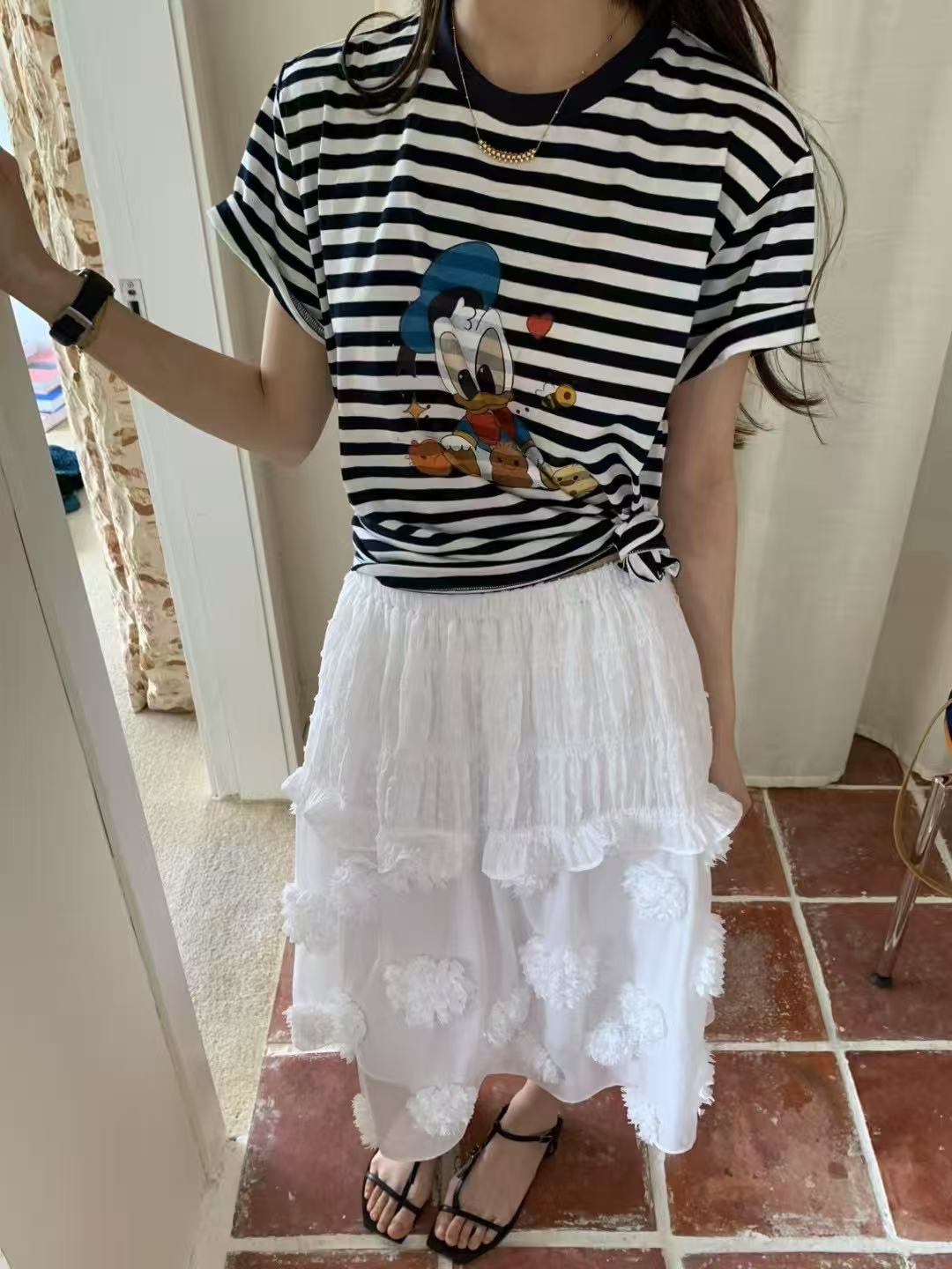 泡菜刺绣立体花朵松紧腰长半裙