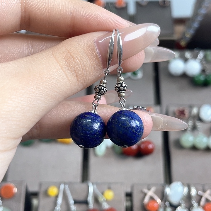 青金石银S925镶嵌耳饰12左右