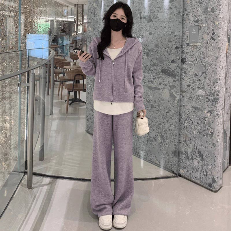 休闲运动套装女2025春秋新款宽松假两件针织连帽卫衣阔腿裤两件套
