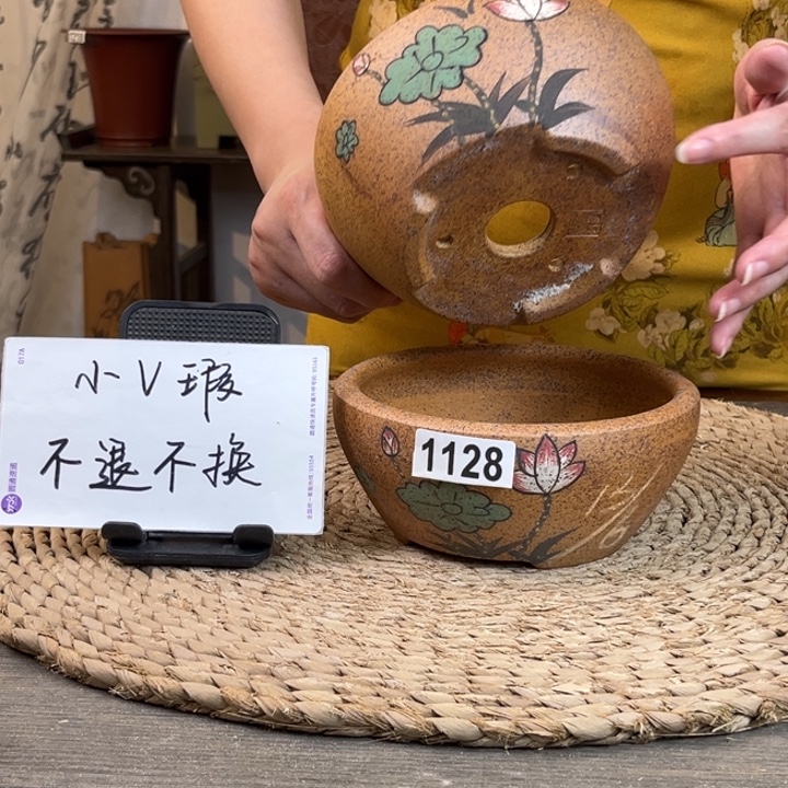紫砂花盆 微瑕柴烧彩绘小窝口两只1128