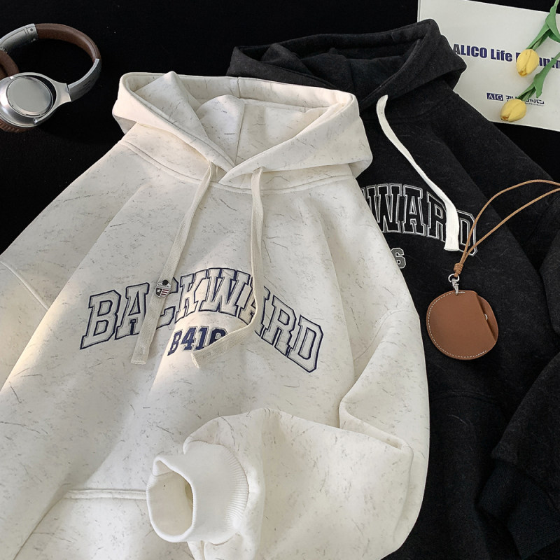 字母刺绣连帽卫衣男秋冬季重磅宽松套头上衣2025新款潮牌美式外套