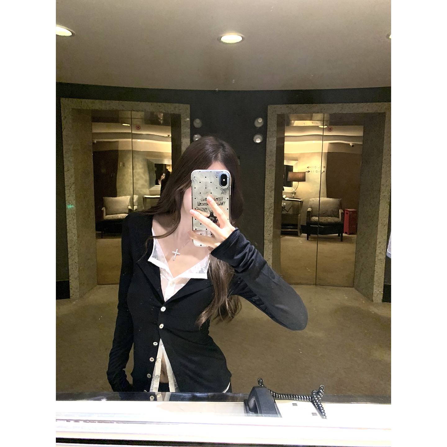 大码胖MM辣妹风蕾丝拼接假两件上衣女早秋韩系修身显瘦内搭打底衫