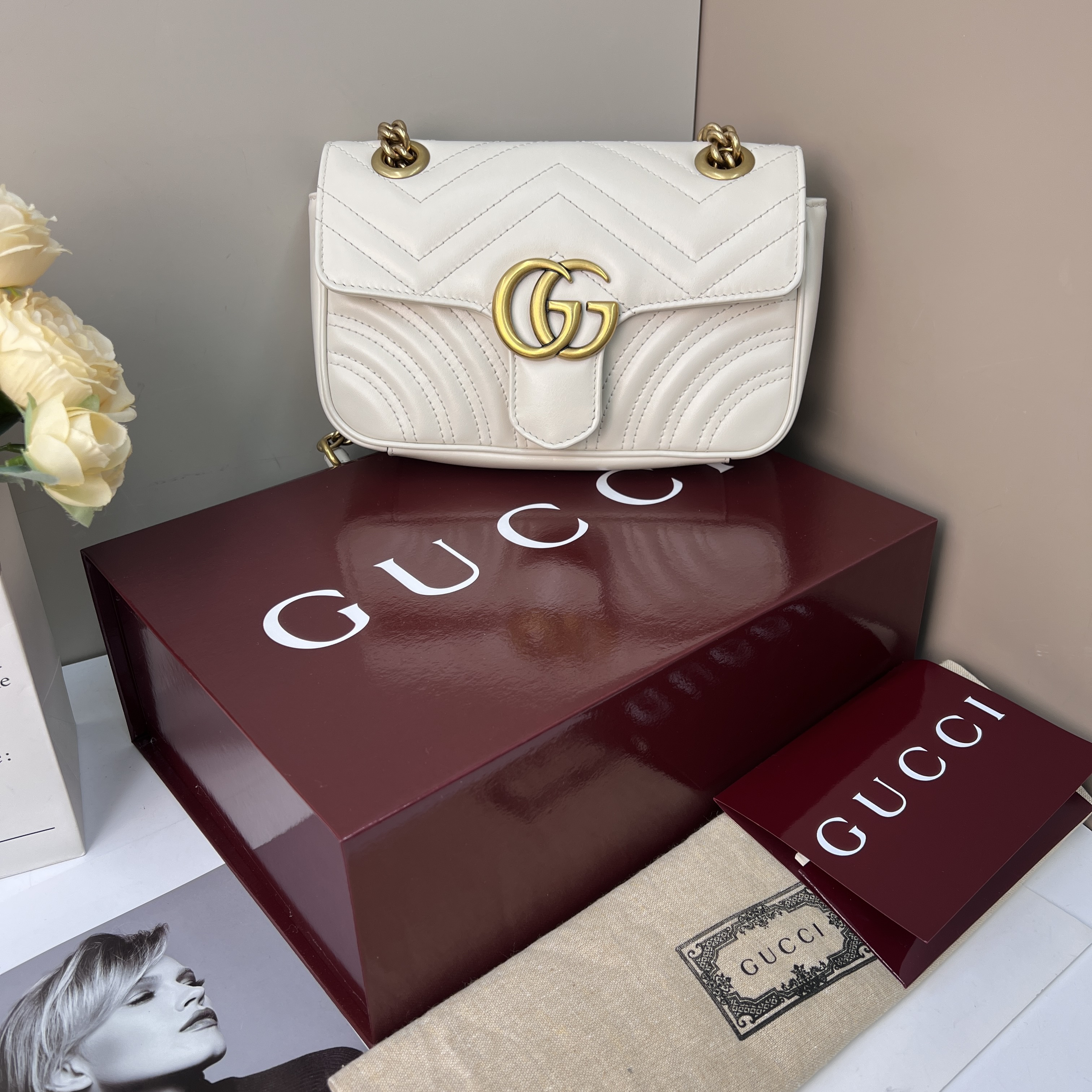 99新 GUCCI/古驰 古驰白金马蒙22链条包单肩斜挎包