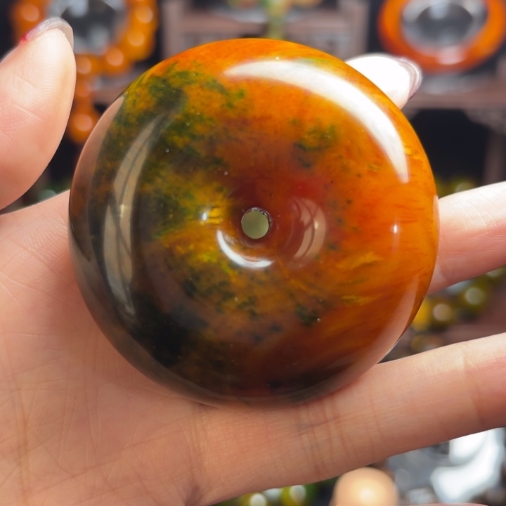 琥珀木手把件 平安扣 玉化老料