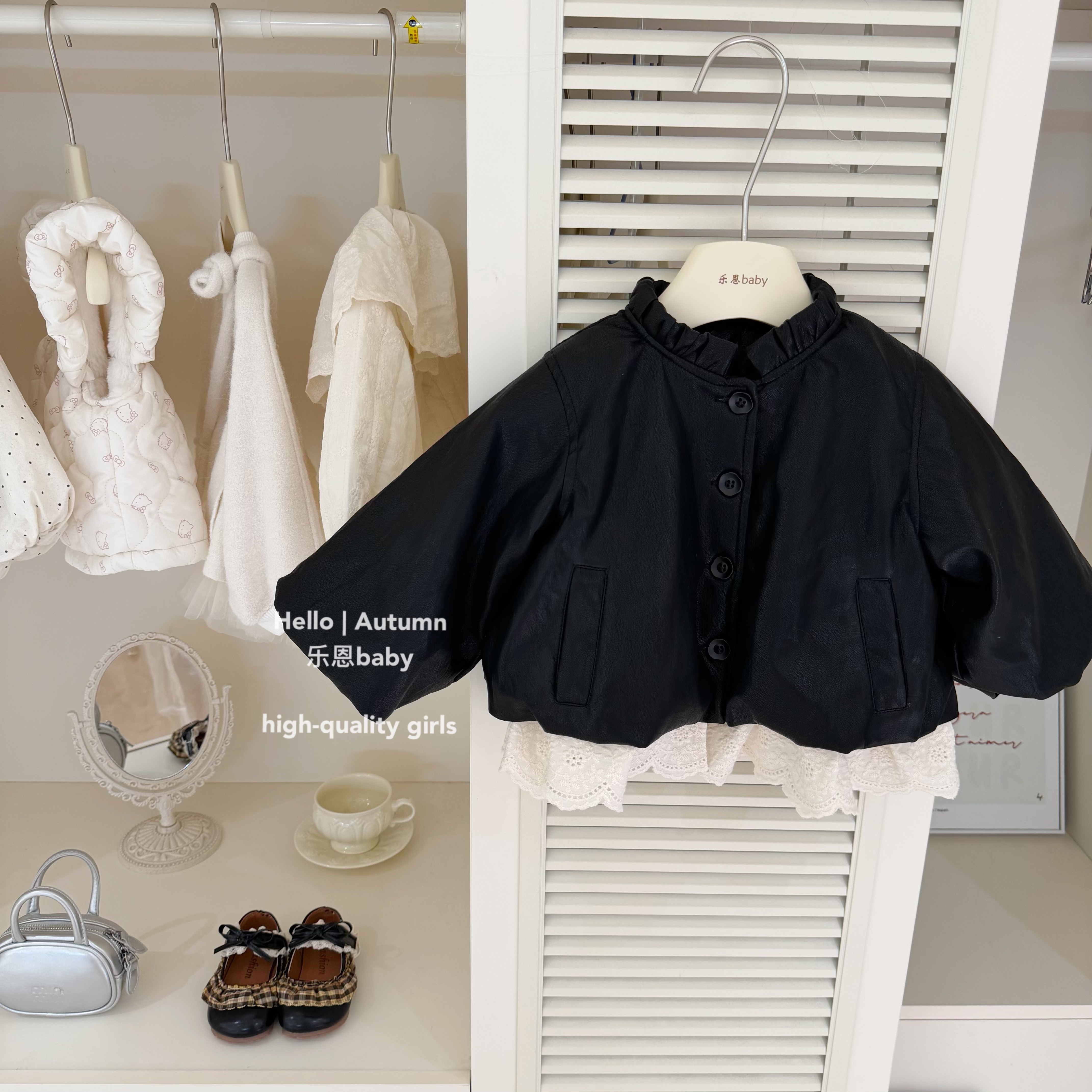 【乐恩童装】原创设计秋冬女童蕾丝拼接加绒皮衣韩版洋气棉服外套