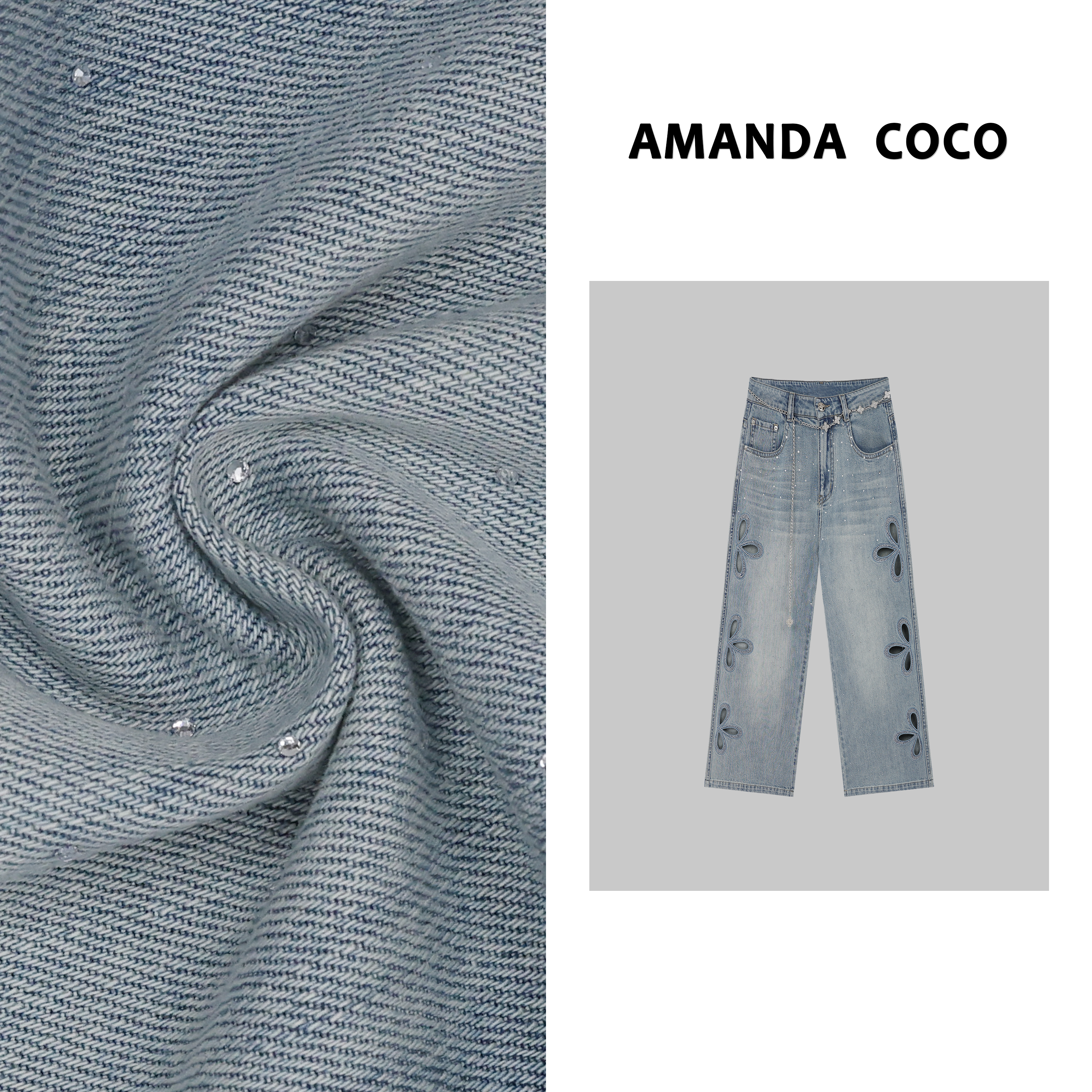 AMANDACOCO 静静 | 夏季轻奢重工烫钻镂空花朵显瘦百搭八分牛仔裤