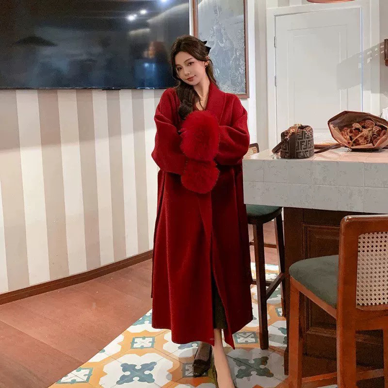 "韩剧女主"浴袍款100澳洲超细双面长羊毛狐狸毛袖厚款
