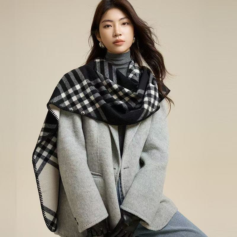复古锁边格子围巾女秋冬2025新款保暖披肩两用懒风 FYR-015