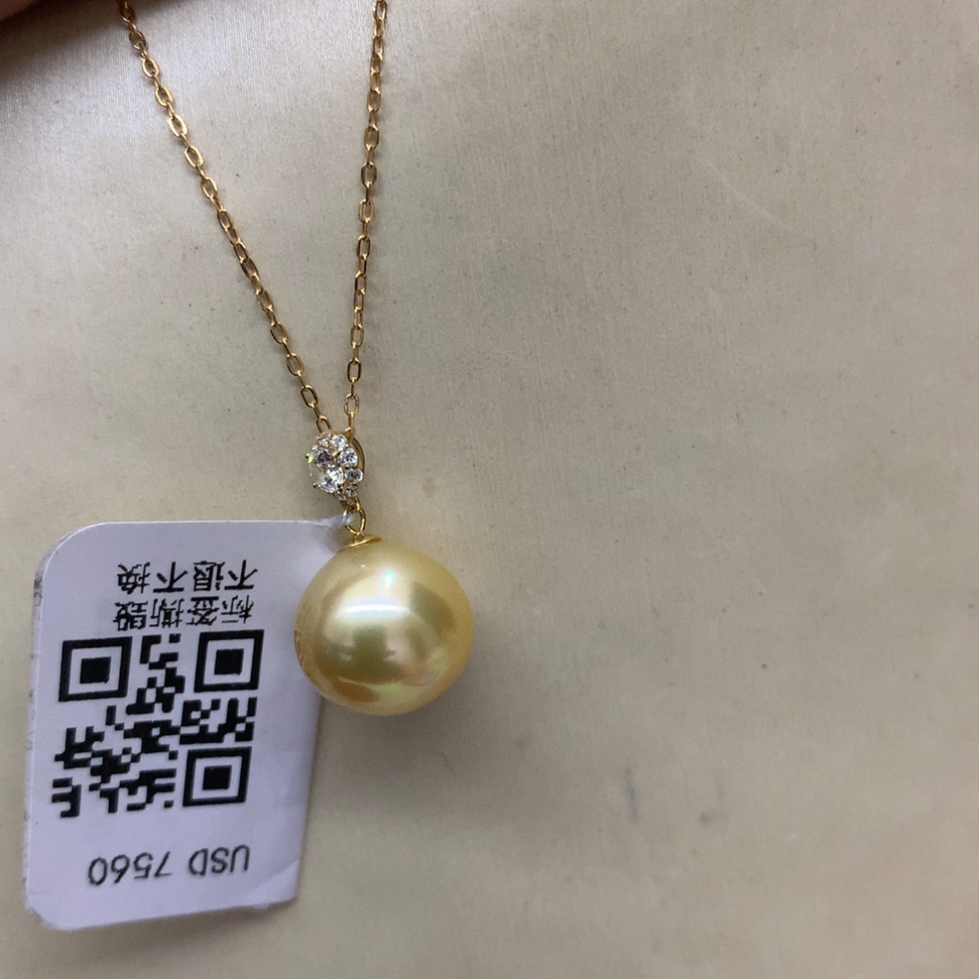 18K金镶嵌颈饰海水珍珠11-12南洋金珠吊坠