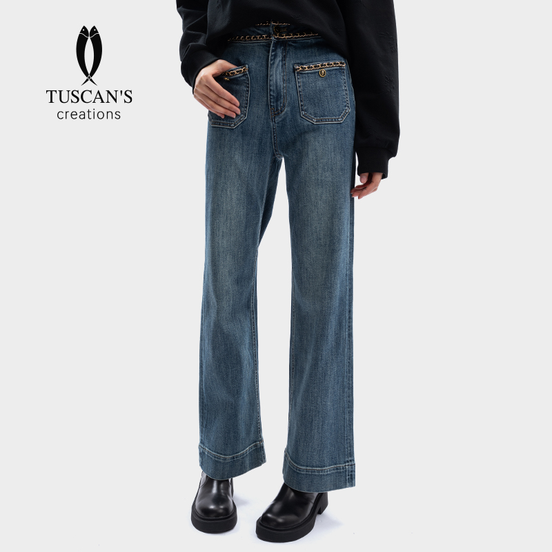 TUSCAN'S CREATION百搭薄款小香风皮穿链高腰女款时代集团牛仔裤