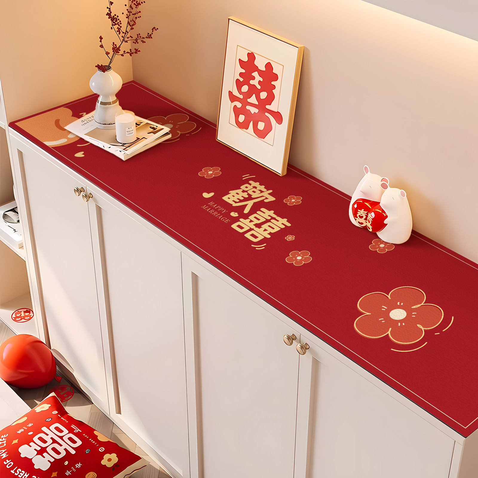 喜庆喜宴喜字红色桌布中式国风结婚订婚餐边柜电视柜鞋柜专用桌垫