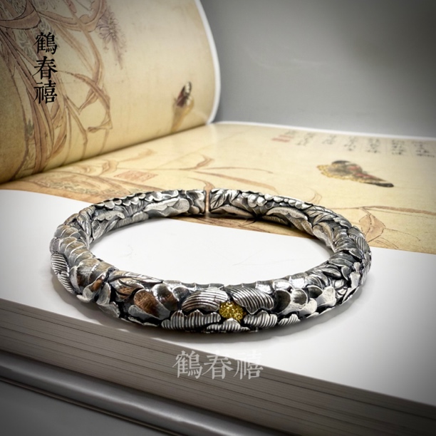 足银手镯 云裳 足银999精工金银错高浮雕手镯