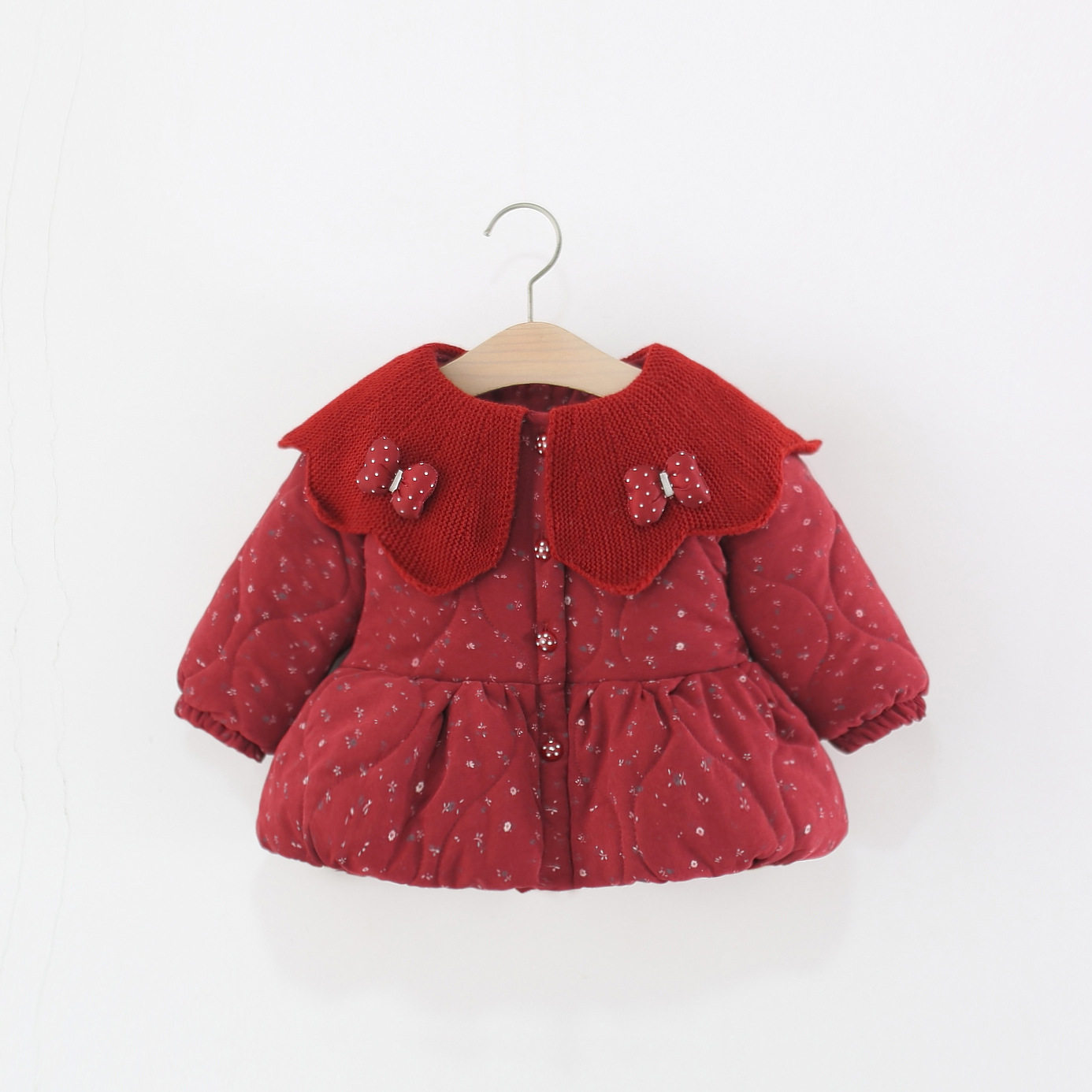 童装女童棉衣外套冬季儿童女宝宝碎花蝴蝶结毛线翻领棉服加厚加绒