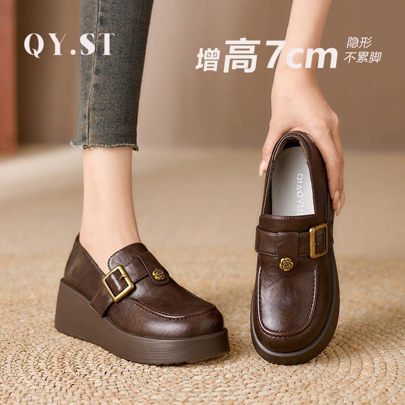 增高7CM百搭时尚真皮厚底圆头厚底单鞋秋冬复古黑色皮鞋子#F26063