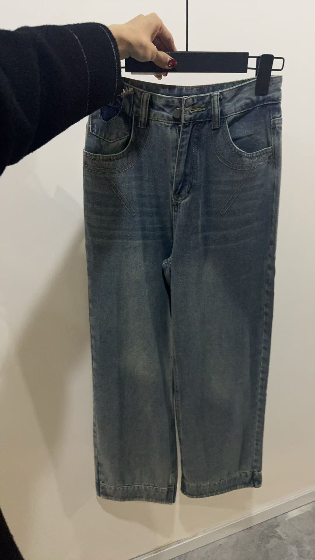 高腰宽松阔腿牛仔裤水洗蓝色显瘦直筒休闲裤