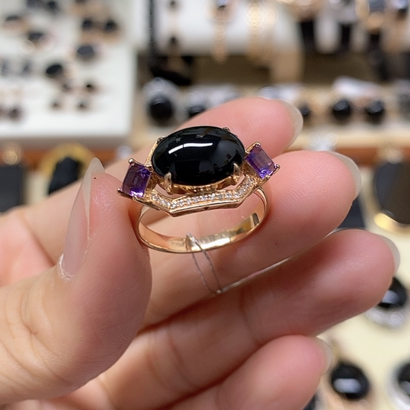 【闪购商品】翡翠戒指18K金镶嵌墨翠