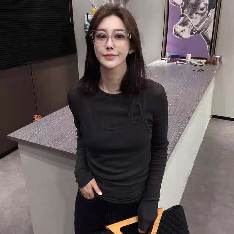 28155黑色T恤长袖不对称圆领宽松型修身两件套装衣长61