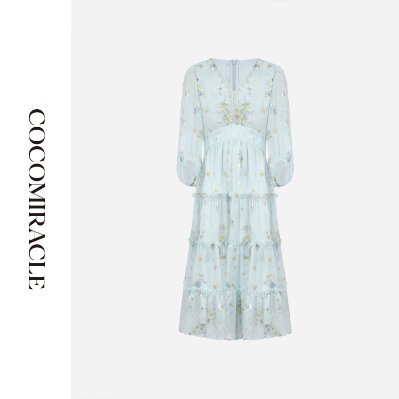 【黄蓉推荐】新款V领钉珠碎花连衣裙Q51LYQ073