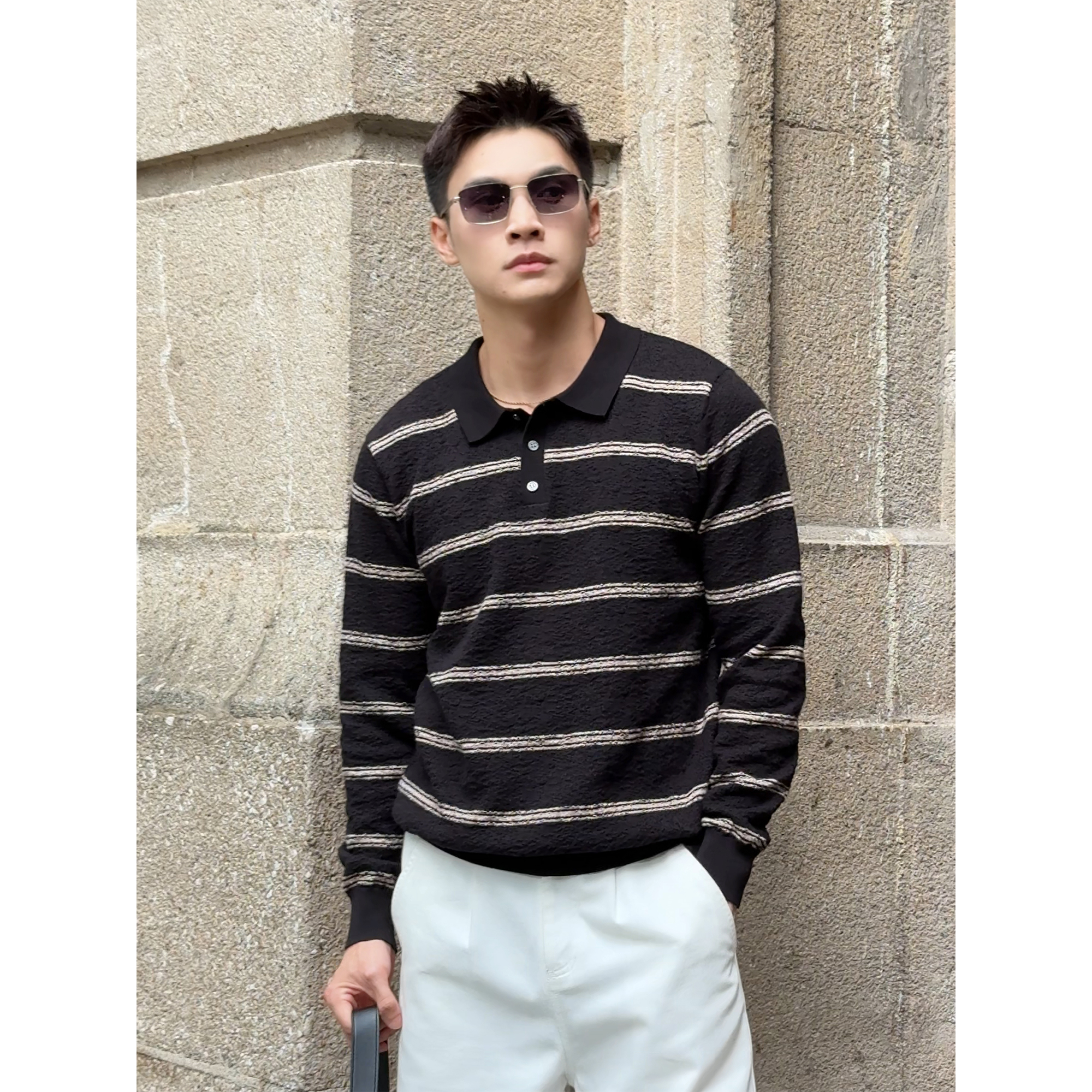 「经典简约 棉麻肌理」早秋经典条纹褶皱肌理感休闲长袖针织POLO衫