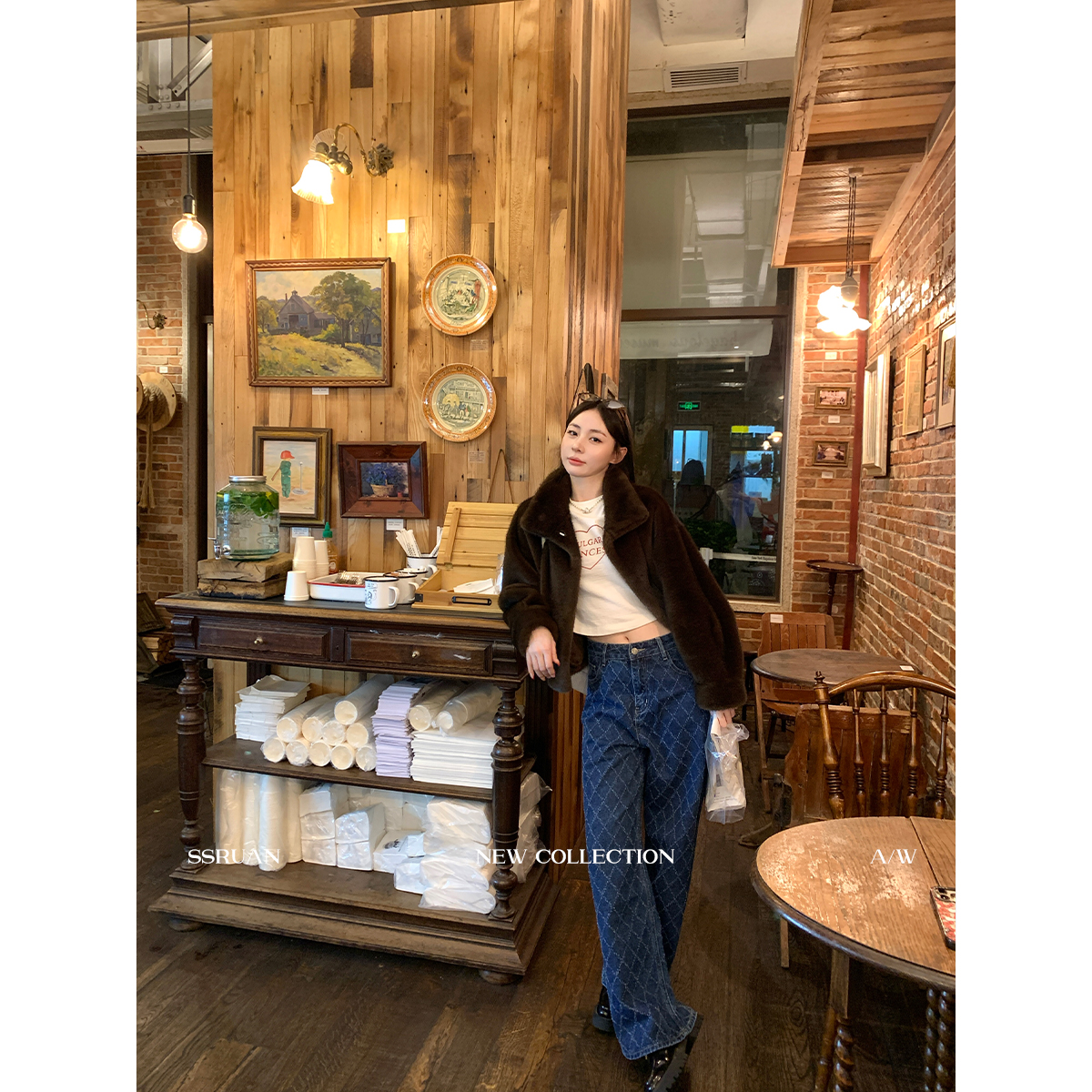 Sam Seoi大樊 拖地裤宽松百搭女复古蓝色菱格直筒阔腿牛仔裤