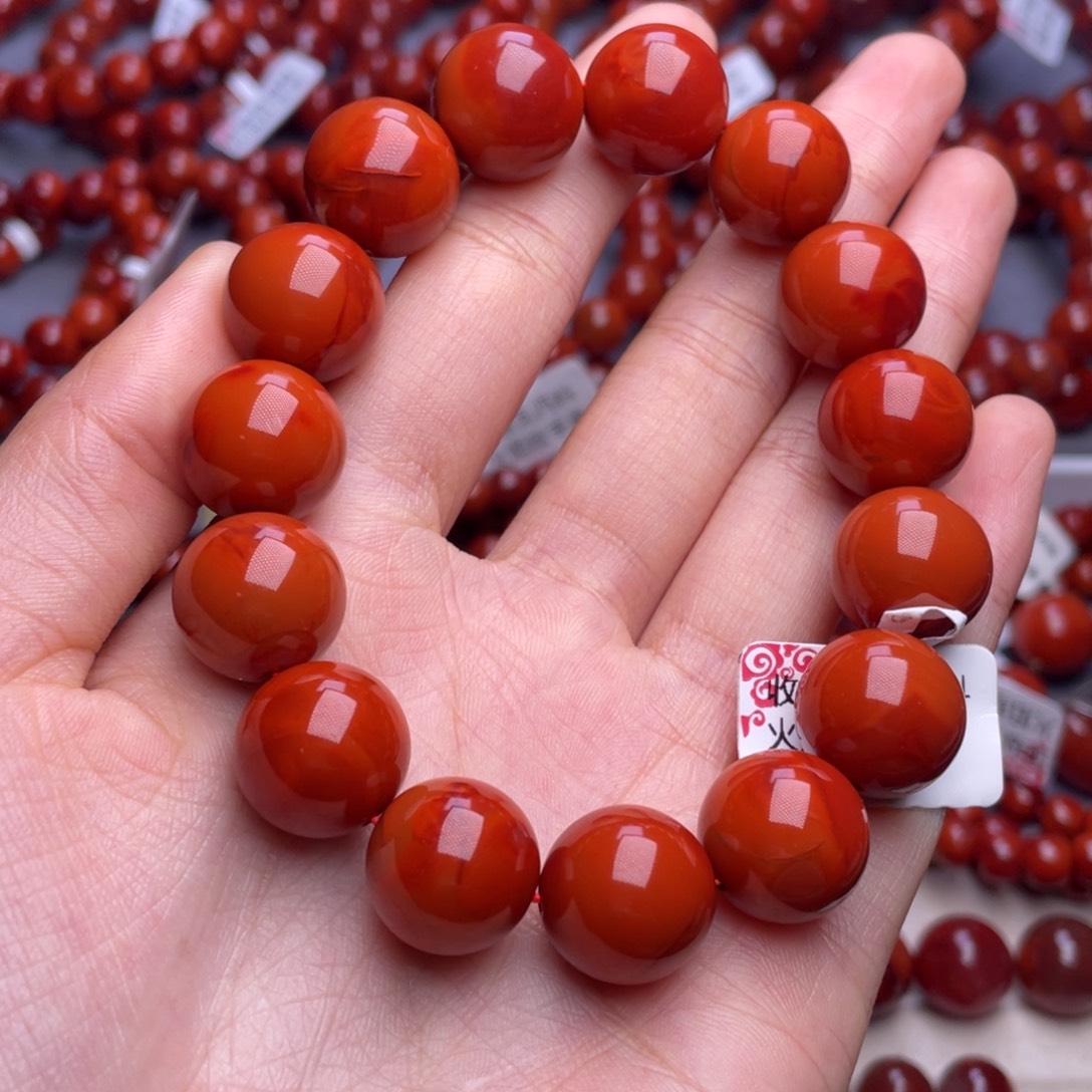 青***空南红玛瑙未镶嵌其他14mm顶品瓦西柿子红双色手串