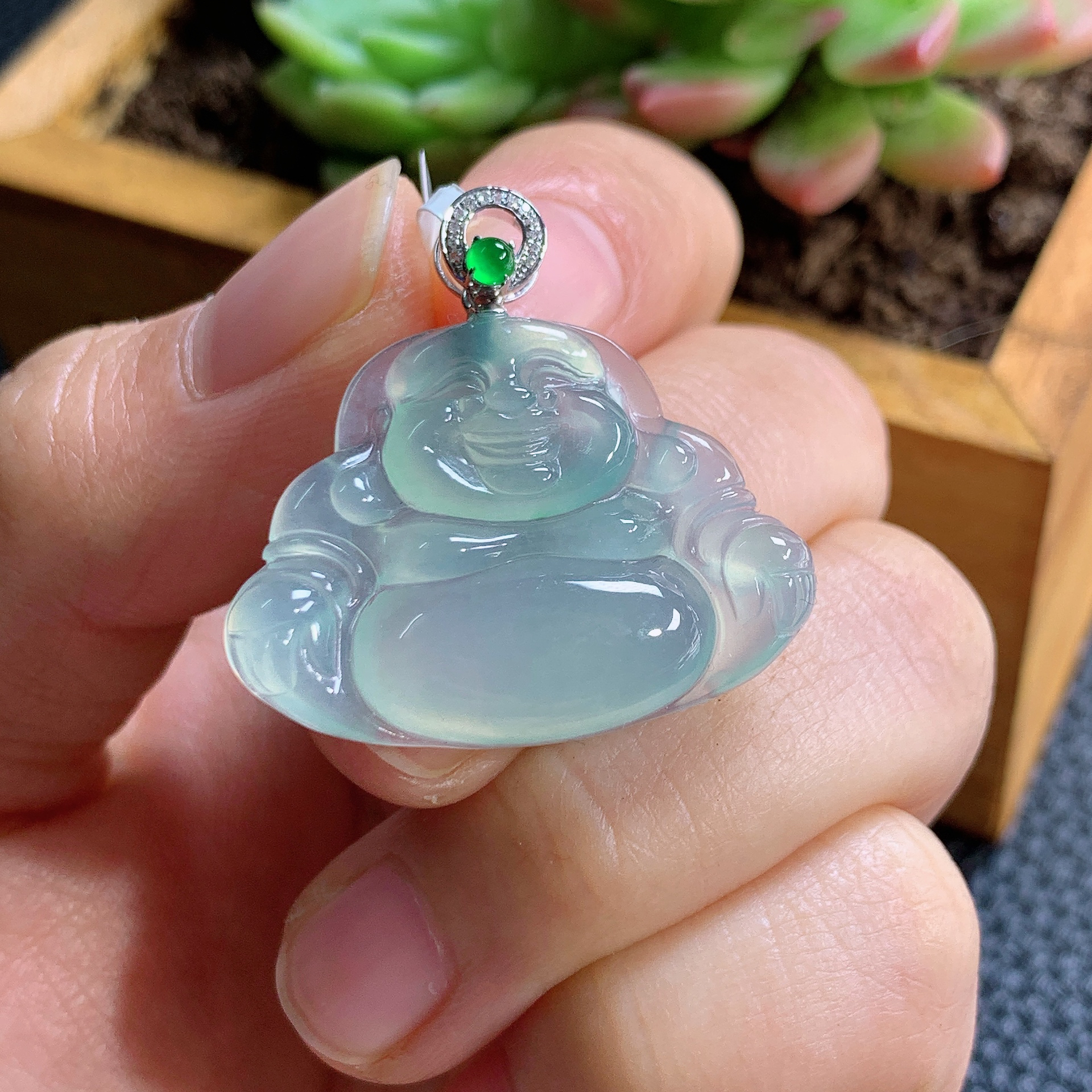 天然缅甸翡翠a货飘花冰种翡翠佛公吊坠18k种好玉质细腻品质好雕工
