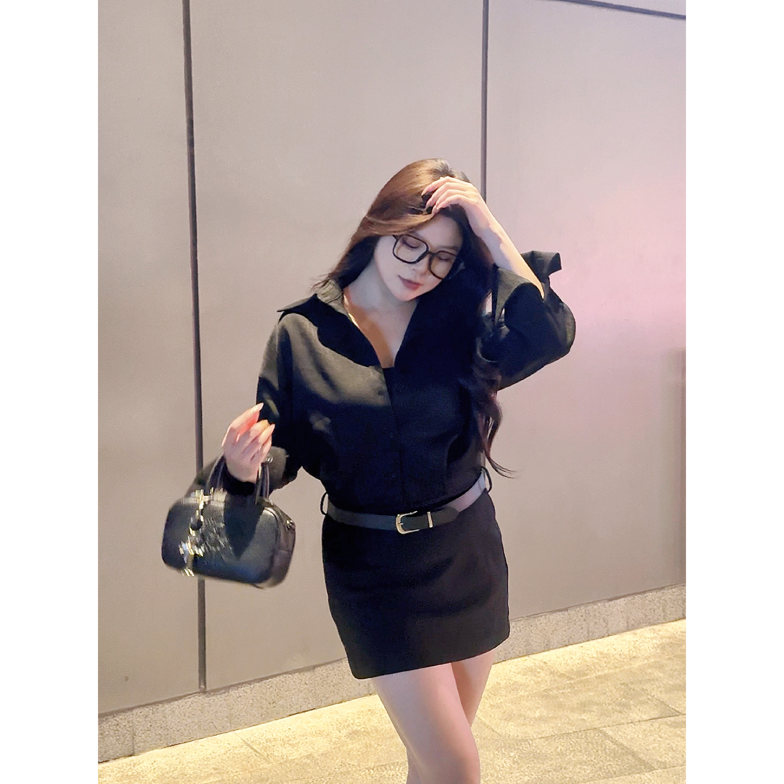 【现货】御姐轻熟风衬衫连衣裙微胖mm显瘦黑色通勤短裙职业风裙子女