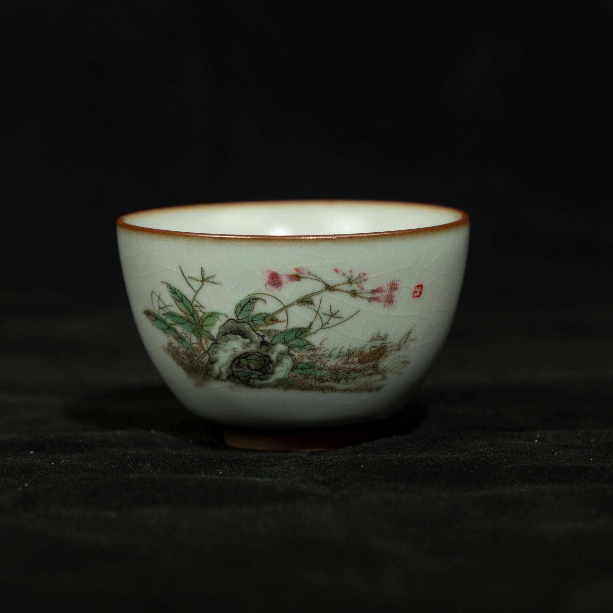 R012天青色汝窑禅定杯当代花鸟中式功夫茶具陶瓷家用复古主人杯