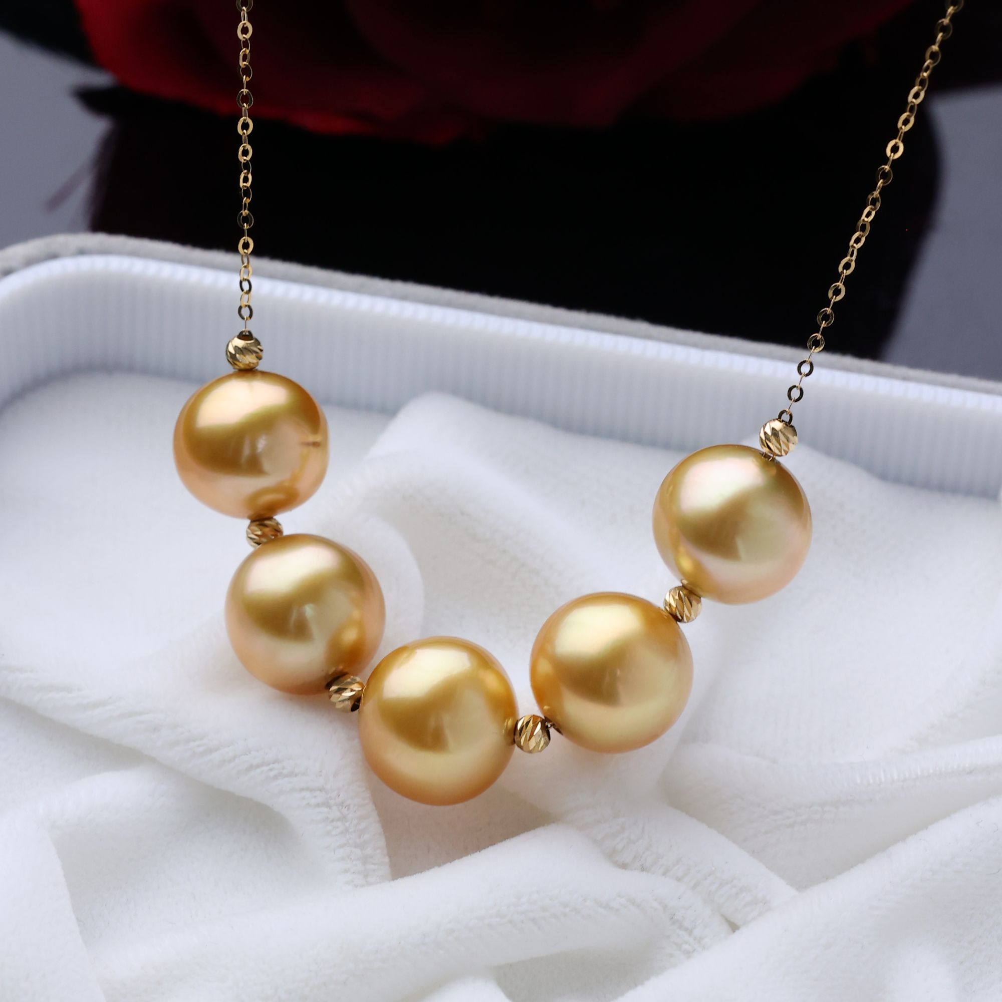 18k金南洋金珠微笑路路通项链10-11mm强光吊坠锁骨链多样性发一