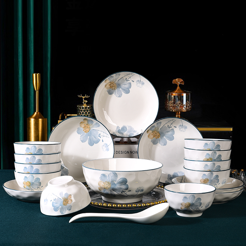 【18件套】兰花花釉下彩碗盘餐具手捏纹理陶瓷碗盘套加厚家用送礼