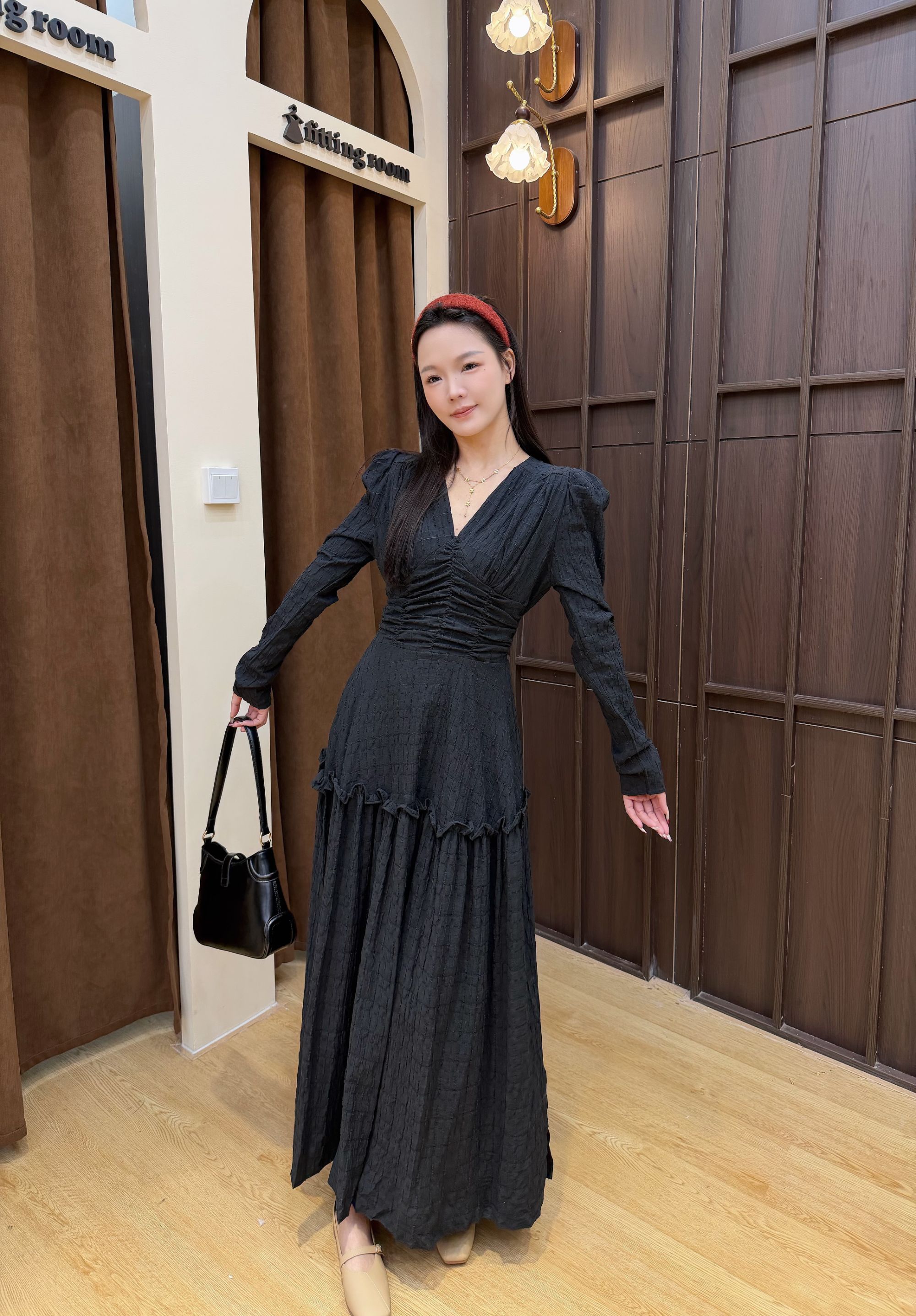 6561秋季长裙连衣裙针织法式百搭设计师中泡泡袖高腰修身收腰长裙