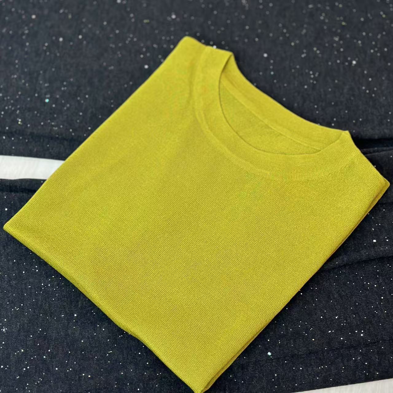 一色落肩袖/夏季透气时尚百搭纯色圆领套头针织短袖052707