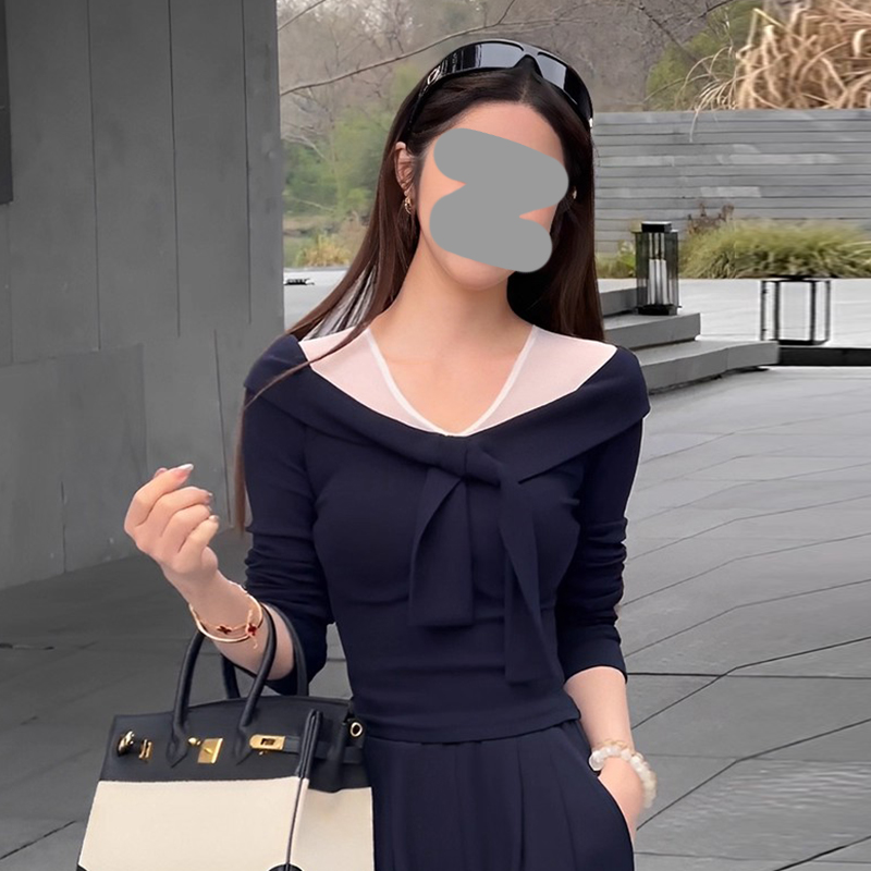 纯欲一字肩网纱拼接长袖t恤女2025年春秋新款修身显瘦打底衫上衣