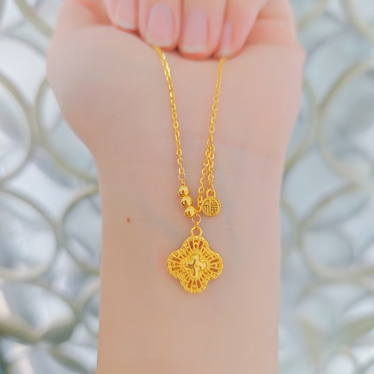 足金999镂空四叶草同款福牌滴流黄金套链时尚百搭黄金首饰项链