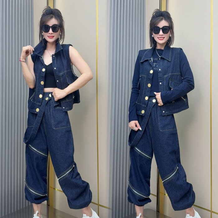 洋气牛仔马甲+单肩背带牛仔裤两件套