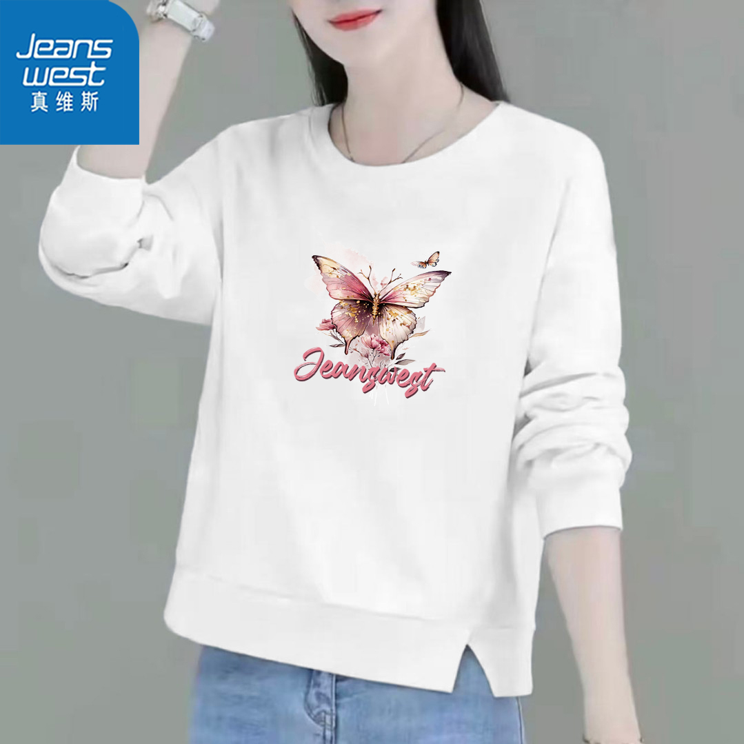 真维斯纯棉开叉卫衣女早秋款通勤风女装大码宽松显瘦百搭上衣363