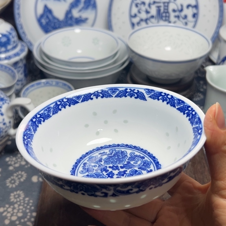 陶青花玲珑5寸牡丹饭碗