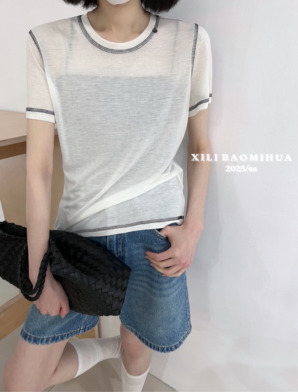 有货爆米花#25960夏季福利高品质薄款明线短袖上衣，衣长：60cm