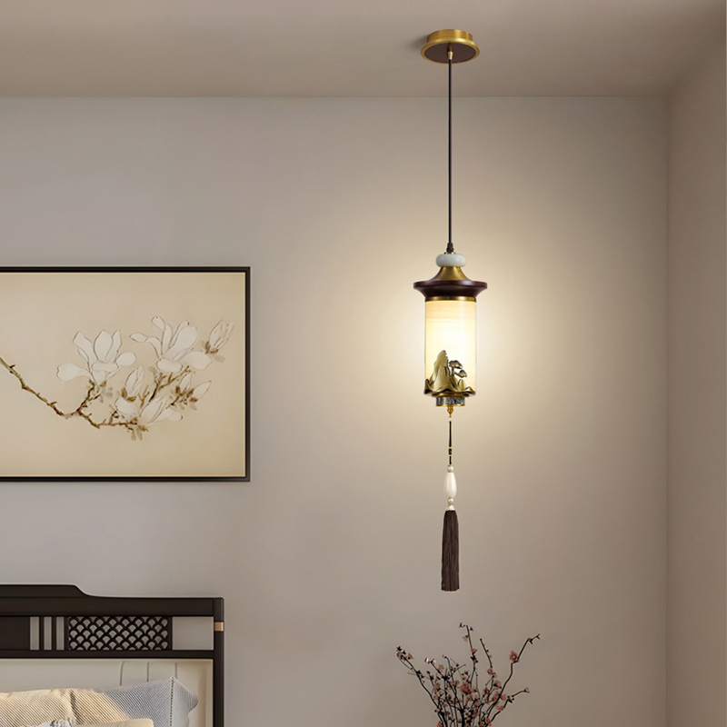 新中式复式楼楼梯间全铜玉石吊灯灯饰餐厅吧台装饰禅意灯具