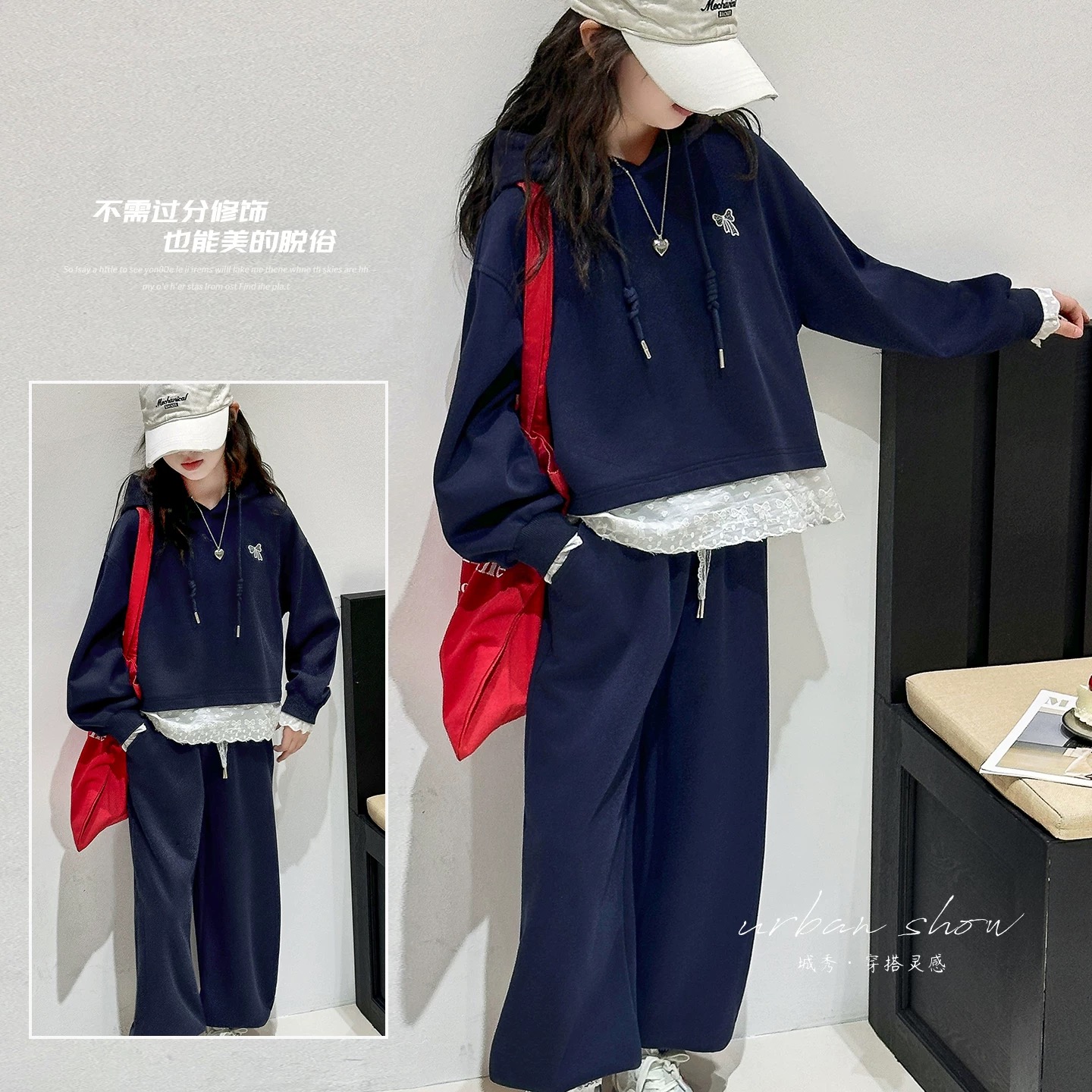 【2025新款套装】秋季秋女韩版女童透气百搭连帽休闲套头ins风