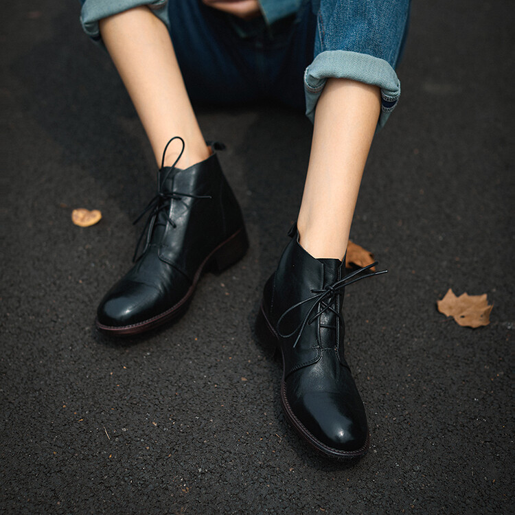 26261系带英伦圆头马丁靴春秋复古黑色秋冬真皮粗跟