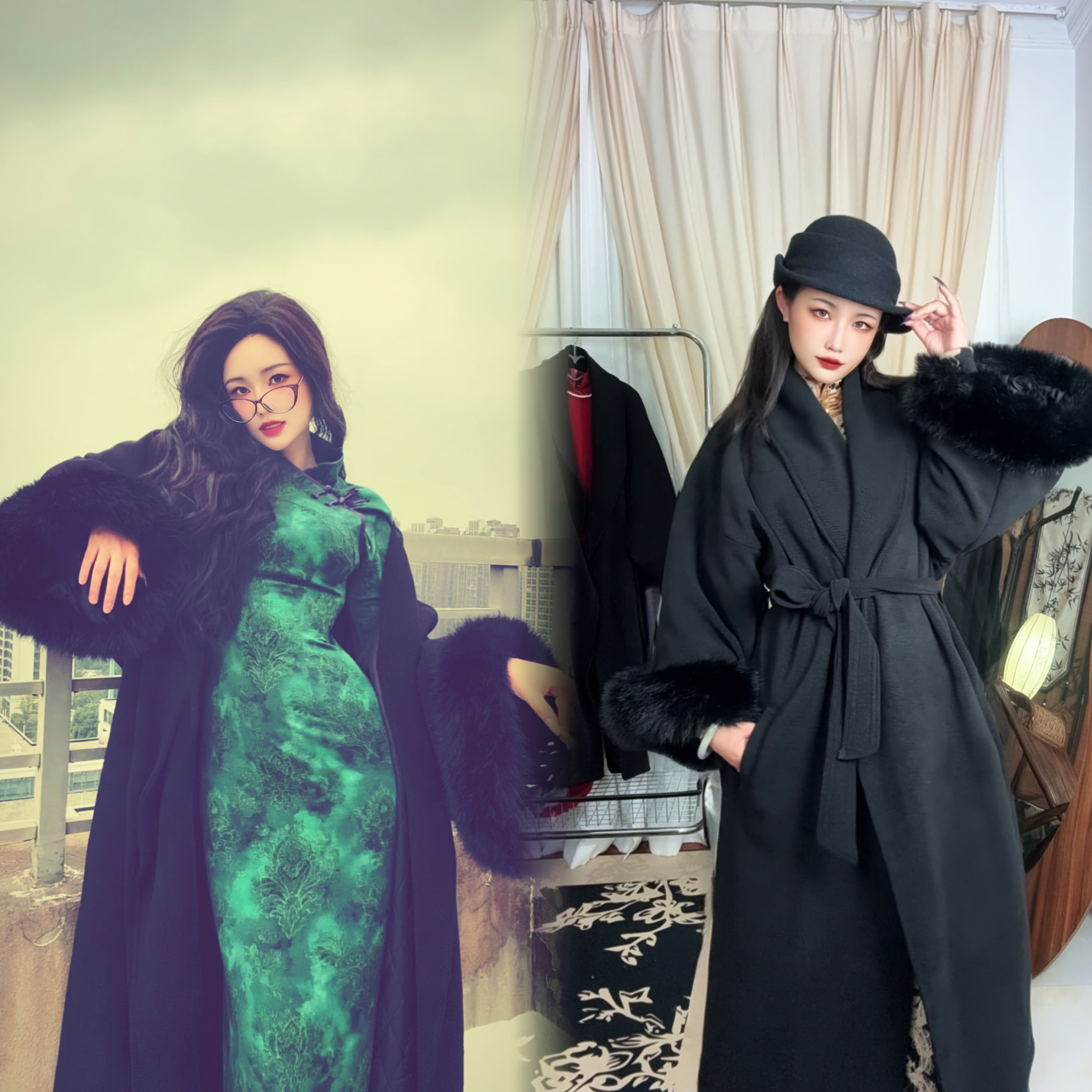 四月芳菲【逍遥客】原创自制秋冬黑色针织加棉慵懒风外套大衣