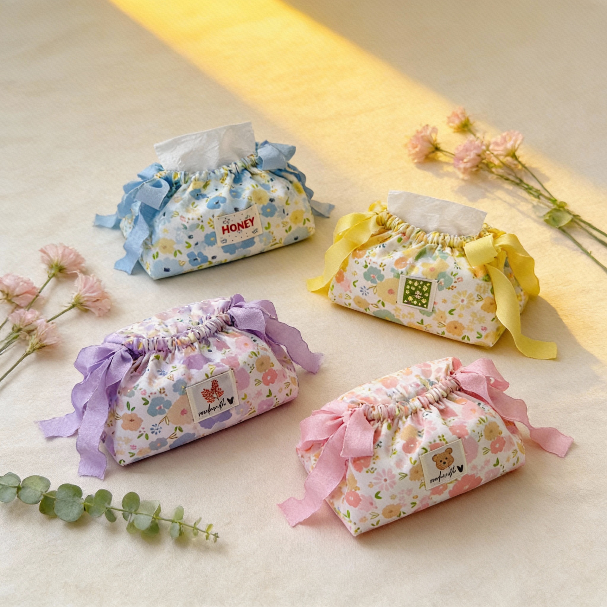 布艺纸巾盒收纳袋桌面家用摆件客厅车载小清新抽纸盒丝带便携手工